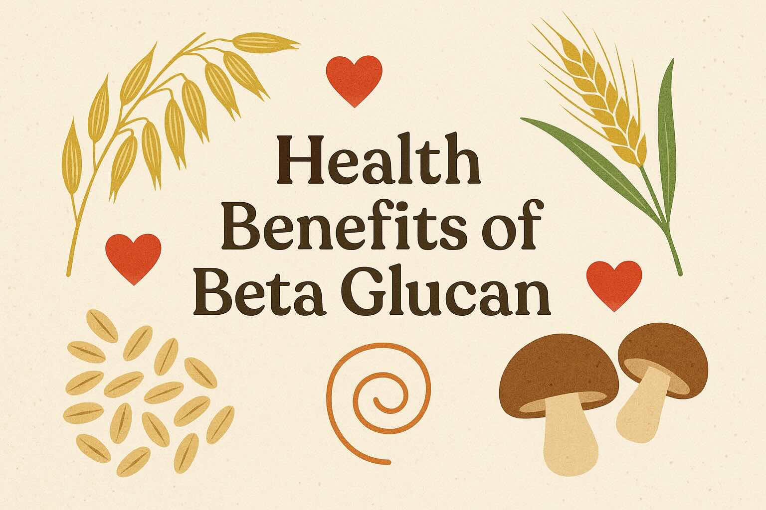 Image showing grains of oats, barley, and mushrooms with the text "health benefits of beta glucan"