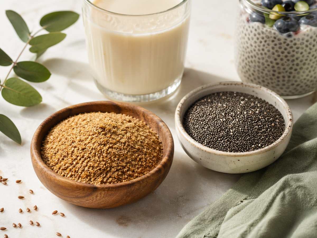 Chia seeds and ground flaxseeds in bowls on a marble surface, comparing which lowers cholesterol