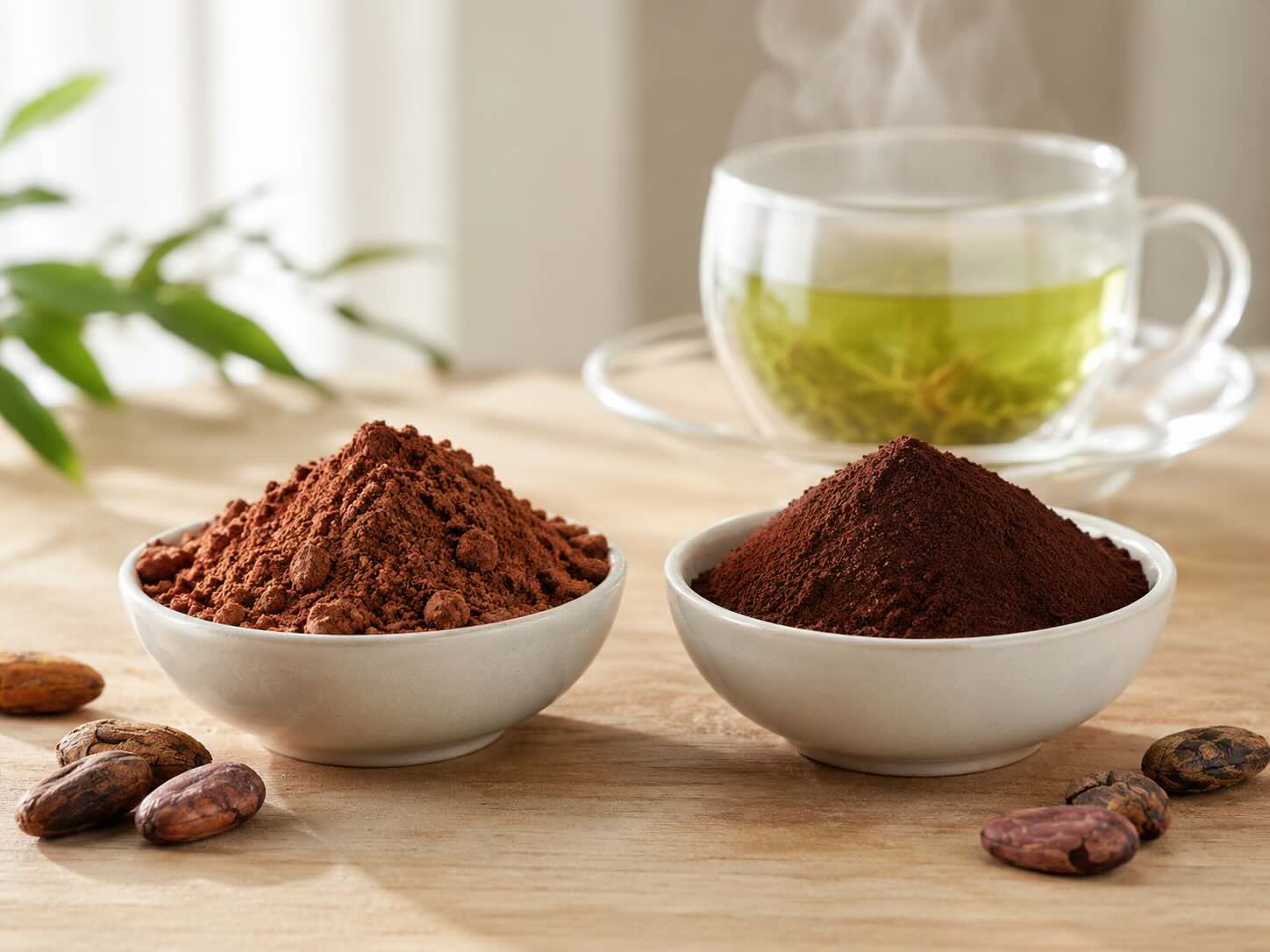 Natural cacao powder and Dutch-processed cocoa powder side by side, cacao vs cocoa for cholesterol
