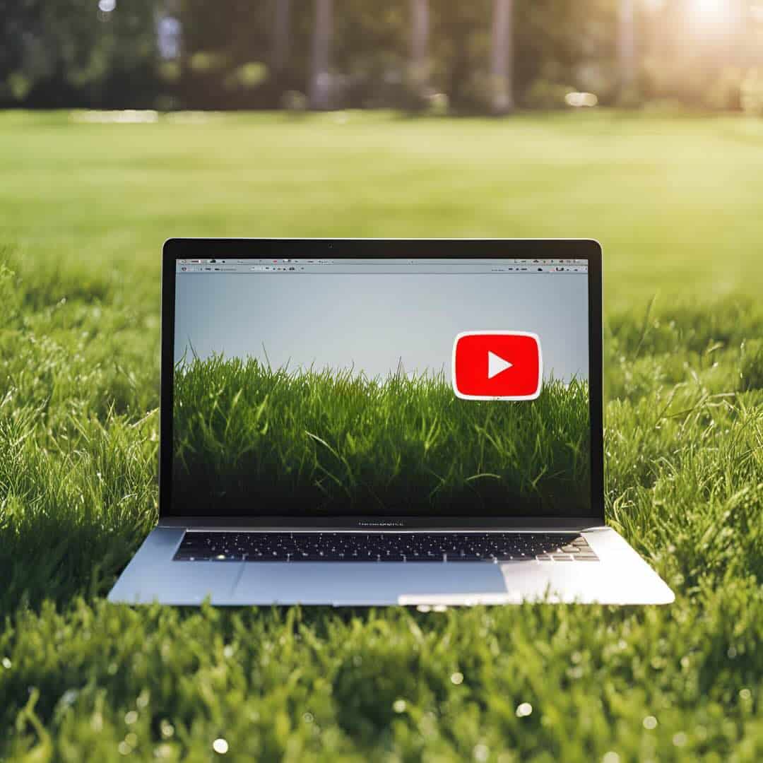 Laptop displaying a YouTube video on a grassy field